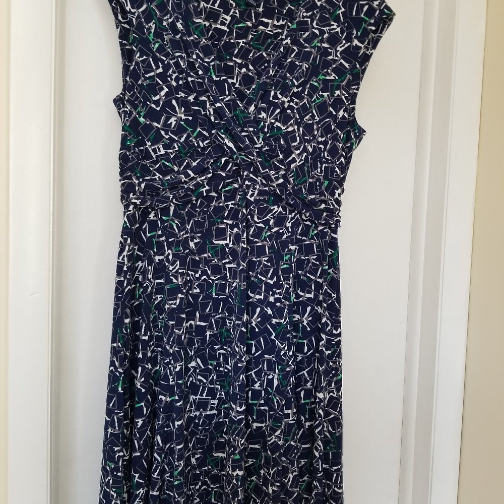 Navy with green and white geometrical patterns dress